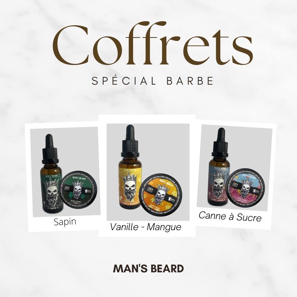 Man's Beard - Coffret Barbe et Moustache - Baume De Barbe 90ml Et Huile à Barbe Parfumé Vanille Mangue 30ml – Ingrédients d’origine Naturelle - 100% Fabrication Française