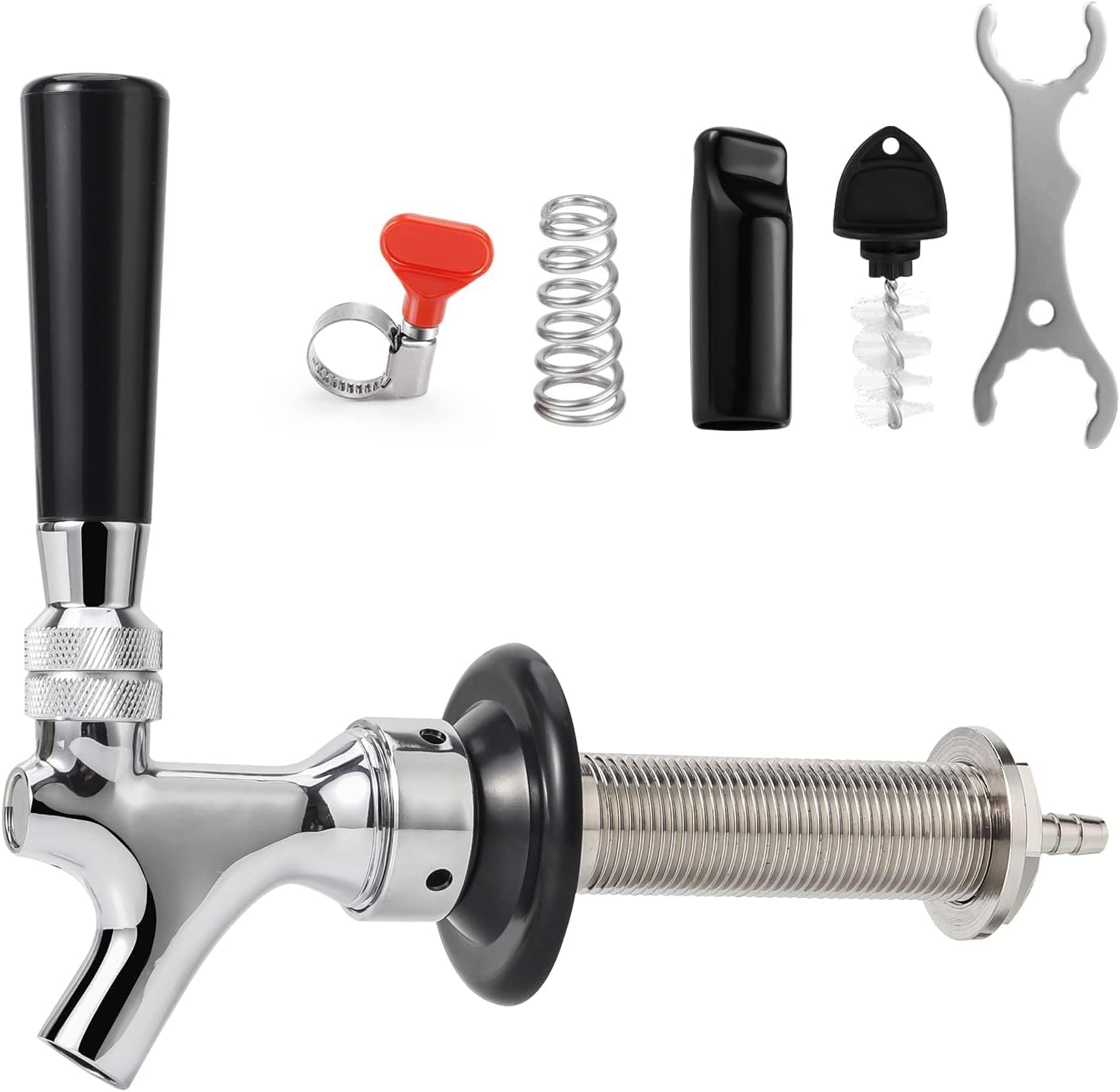 4-1/8'' Draft Beer Faucet Shank, 1/4'' Beer Line Barb No Leak No Drip No Stick Stainless Core Kegerator Brew Tap Beer Shank Dispenser Self-Closing Spring Tap Brush Spanner Wrench Hose Clamp