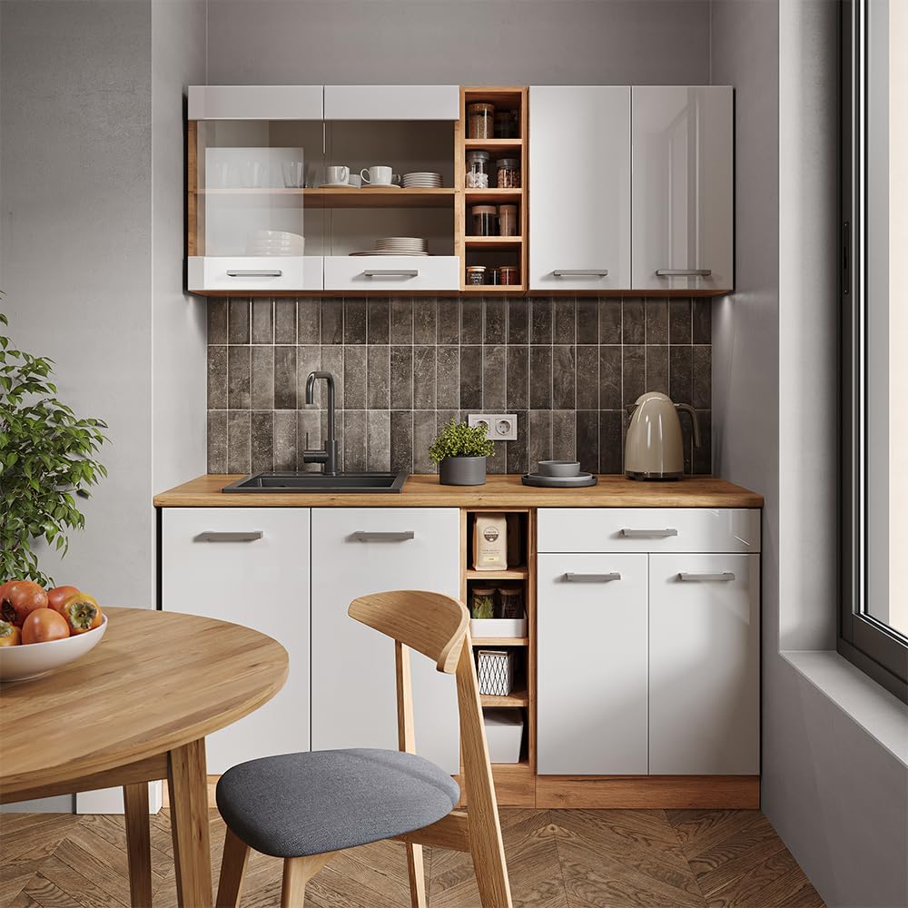 Vicco Singleküche R-Line, Weiß Hochglanz/Goldkraft Eiche, 160 cm | ohne Arbeitsplatte, zur individuellen Kombination und Erweiterung geeignet