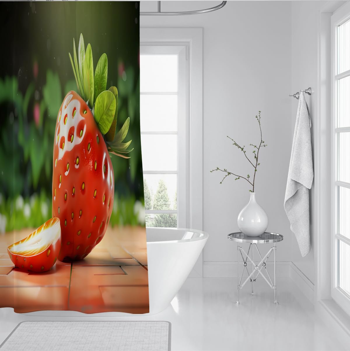 Rideau de Douche Paysage Botanique Fraise Rouge Fraîche, Ferme de Fruits Été Fond Vert Nature, Décor de Salle de Bain Tissu Esthétique avec Crochets, Étanche 200 x 200 cm