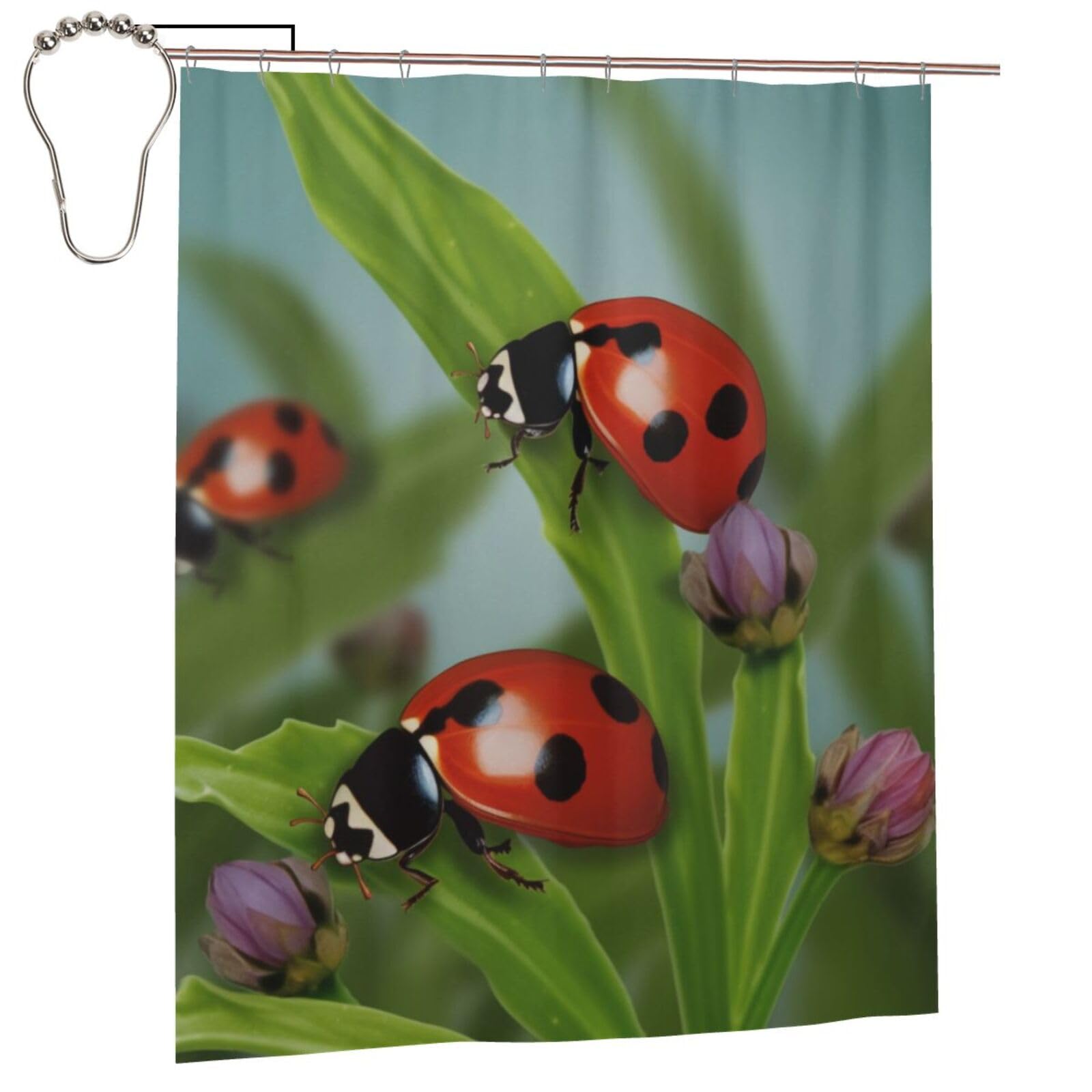 BWWHCCTI Ladybug Printed Shower Curtain With 12 Iron Hooks Opaque Quick Drying Waterproof Shower Curtains Sets For Bathroom 152x183 Cm