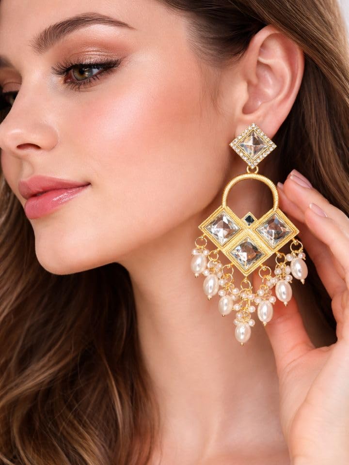 Image of Kashmiri Oxidised Gold Jhumka Earrings with Elephant Design, Pearl Drops, Traditional Indian Jewellery for Women and Girls