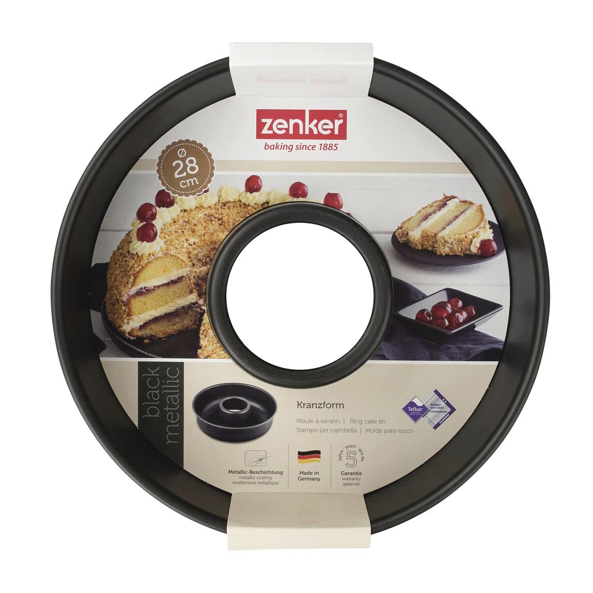 Zenker Frankfurter Kranz Ø 28 cm BLACK METALLIC, runde Kuchenform mit Antihaftbeschichtung, Backform für leckere Kuchen & Torten (Farbe: Schwarz), Menge: 1 Stück