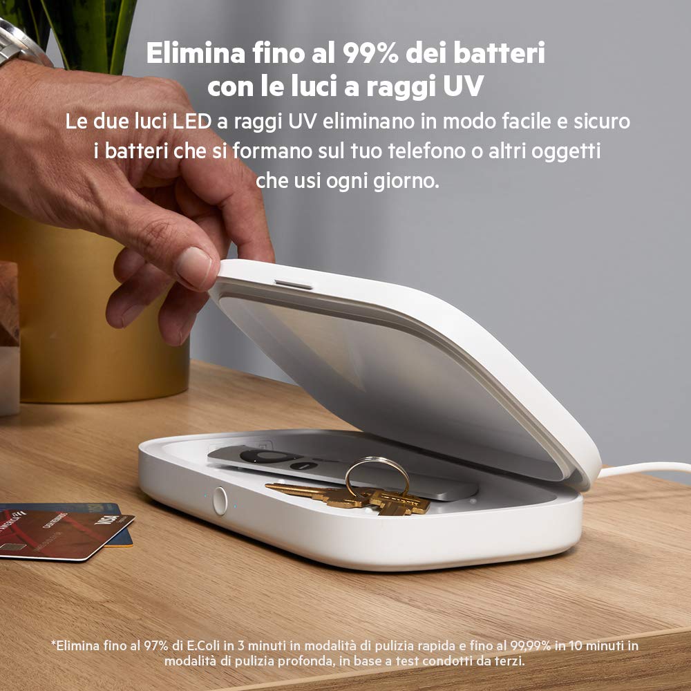 Belkin Boost Charge Sterilizzatore a raggi UV + Ricarica Wireless Rapida (elimina il 99% dei batteri, sterilizza telefoni, chiavi, carte di credito) per iPhone, Samsung, Google ecc, con alimentatore