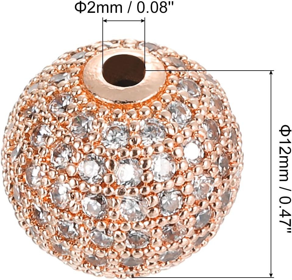 UXcell Round Charm Beads, 8 Pcs 12mm - Brass Rhinestone, Zircon for DIY Jewelry (White - Rose Gold)