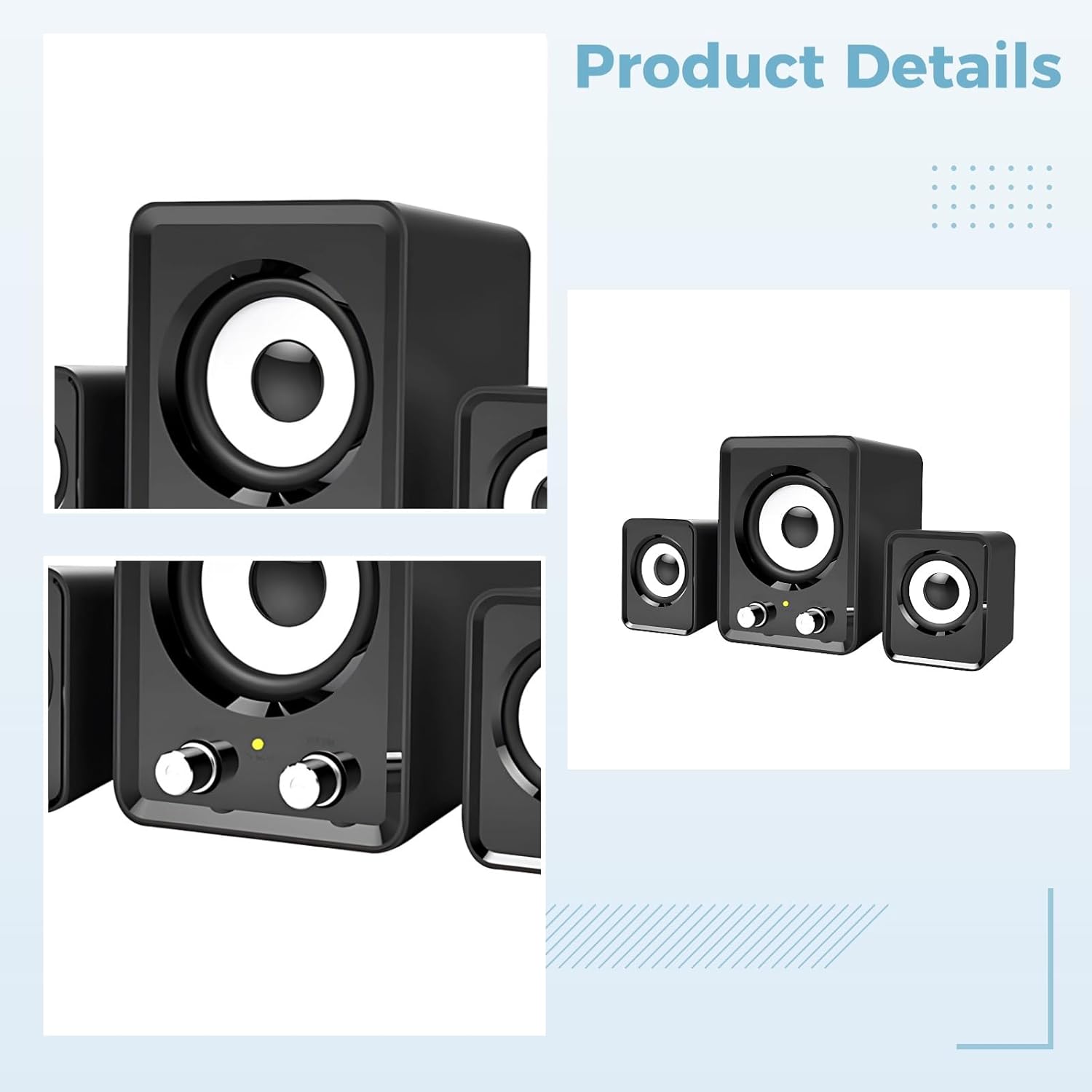 3 Pcs Wireless Speakers with Subwoofer, 2.1 Channel Home Theater, HiFi Fidelity, Adjustable Bass, Black, Compact Design