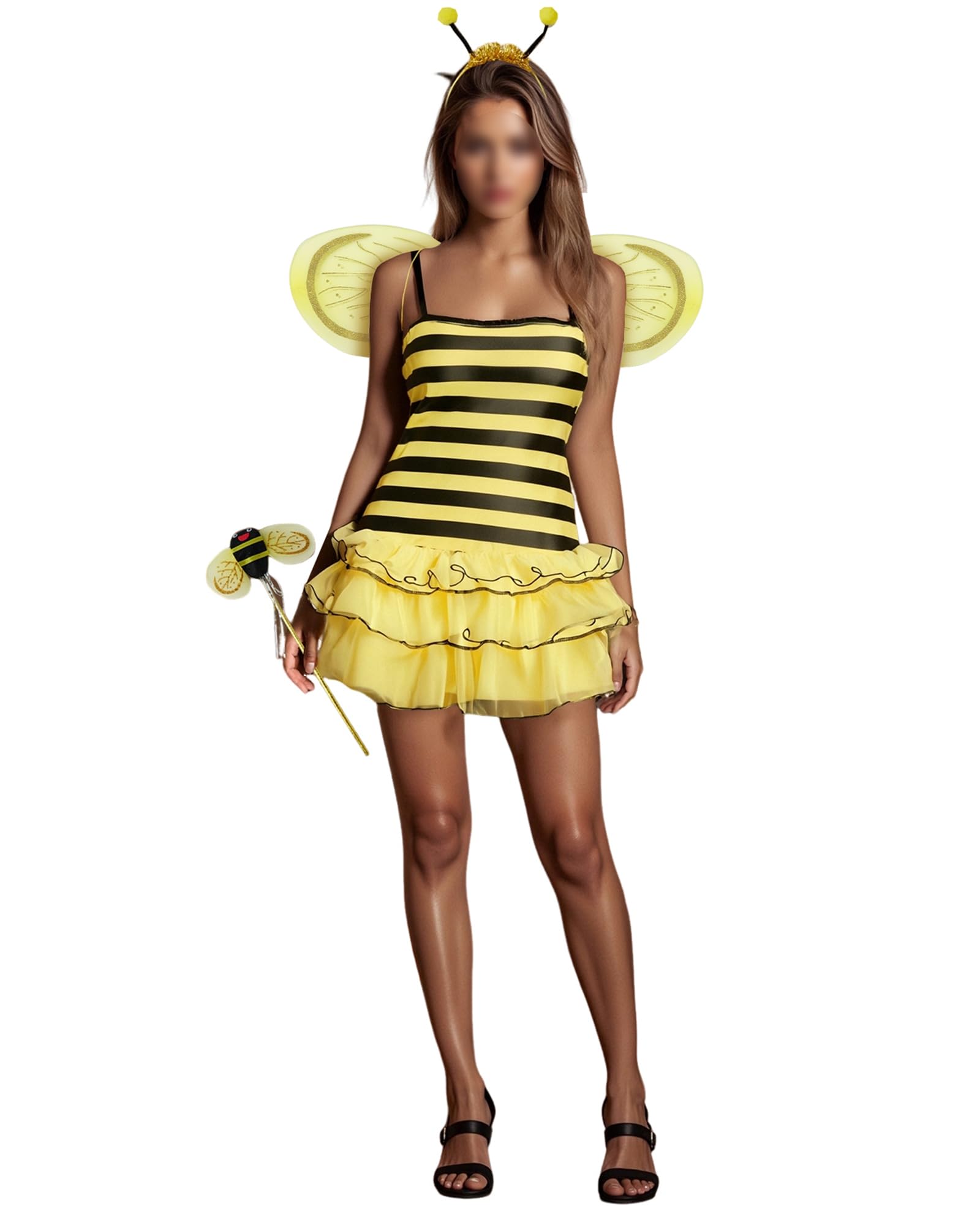 Women Halloween Bee Cosplay Costume Sleeveless Bumble Bee Dress with Wings Headband Knee High Socks Party Carnival Outfits (Yellow D, M) — image 1