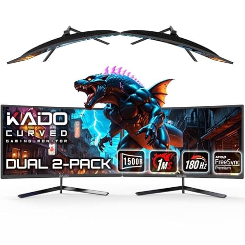 Kado 24" Class Dual Gaming Monitor Setup - 2-Pack 24" Curved 1500R 180Hz 1ms 1920x1080 Computer Monitor, Parallel Gaming AMD FreeSync Premium Panoramic, VESA Mount HDMI DisplayPort Built-in Speakers