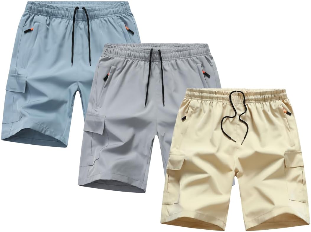 Boys Youth Cargo Shorts Quick Dry Athletic Shorts with Zipper Pockets for Outdoor Camping Hiking