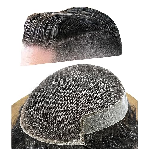 Healthlif Mens Toupee French Lace Front Natural Hairline Hair Pieces for Men Hair Replacement System For Men Toupee 100% European Human Hair Piece8x10-100% density#1B30#1B OFF BLACK+30% GREY