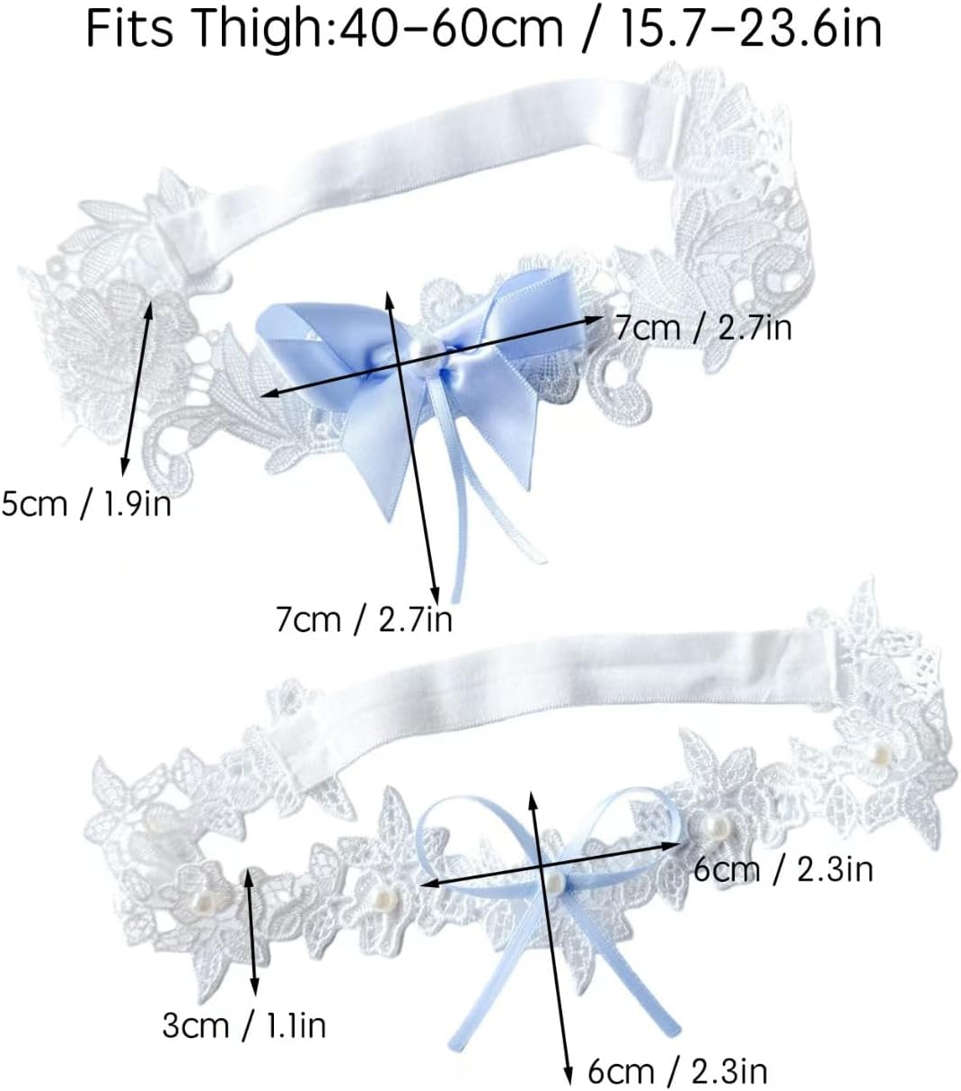 Garters for Bride Women, Blue Wedding Bridal Garters for Bride with Bow Pearl, Stretchy Bridal Thigh Garter Belt