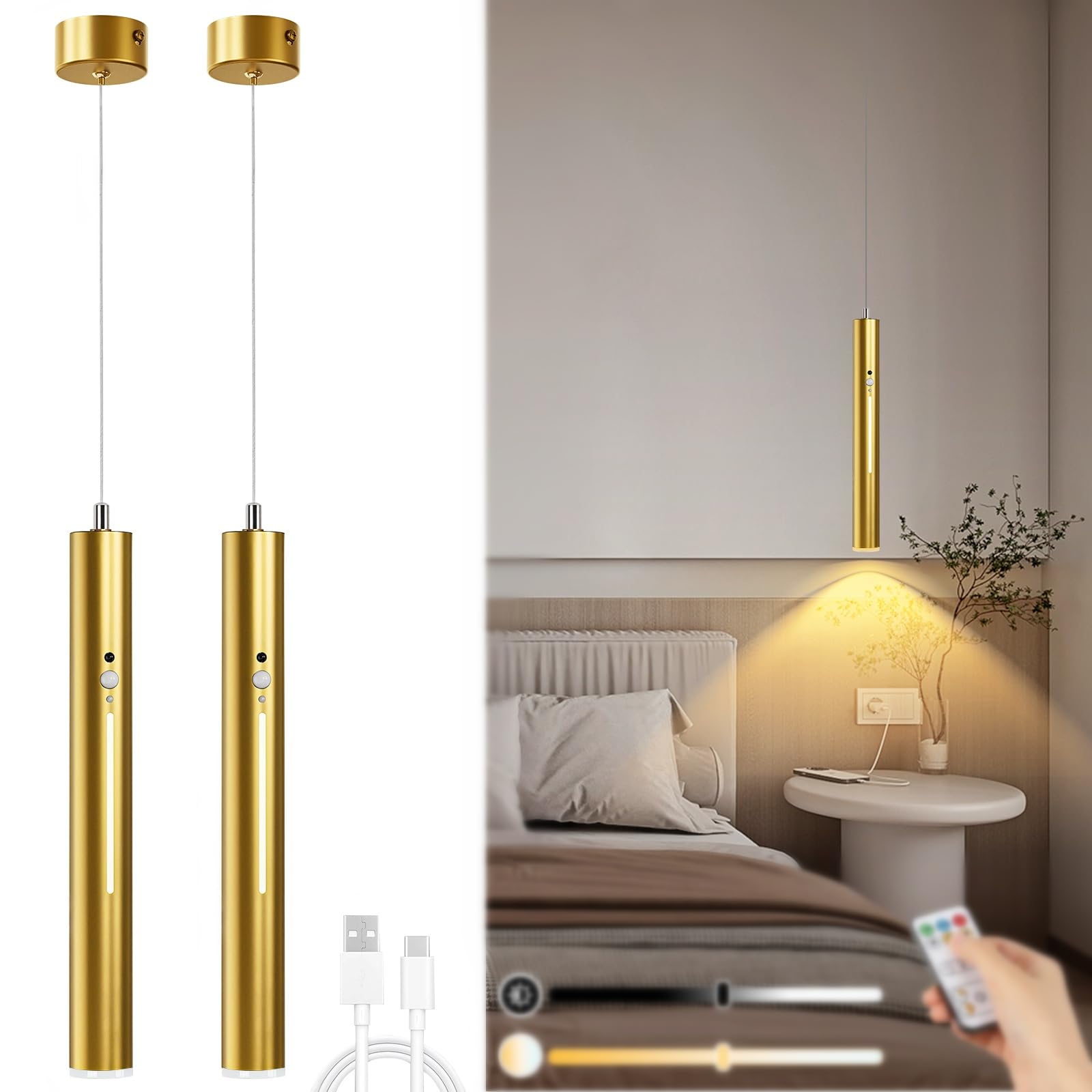 Lightess Battery Operated Pendant Light Set of 2, Wireless Chandelier with Remote, 3 Color Dimmable, 6000mAh Hanging Battery Operated Light for Kitchen Island Dinning Room Bedroom, Gold