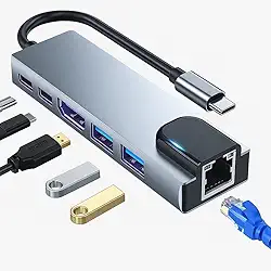Adaptador Hub USB-C Multiportas 6 em 1, HDMI 4K, USB 3.0, USB 2.0, USB-C PD 100W – Tipo C - Rj45 Rede LAN 100Mbps para Notebook, MacBook, Alumínio Compacto, Alta Velocidade, Multiportas - Lene