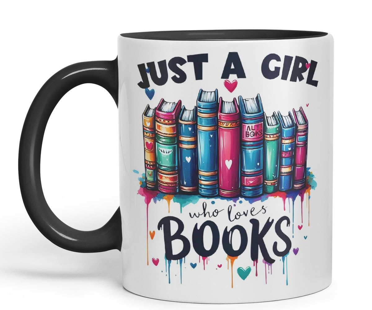 Vixar Just A Girl Who Loves Books Coloured Ceramic Mug Cup Gift, 11oz (Black)