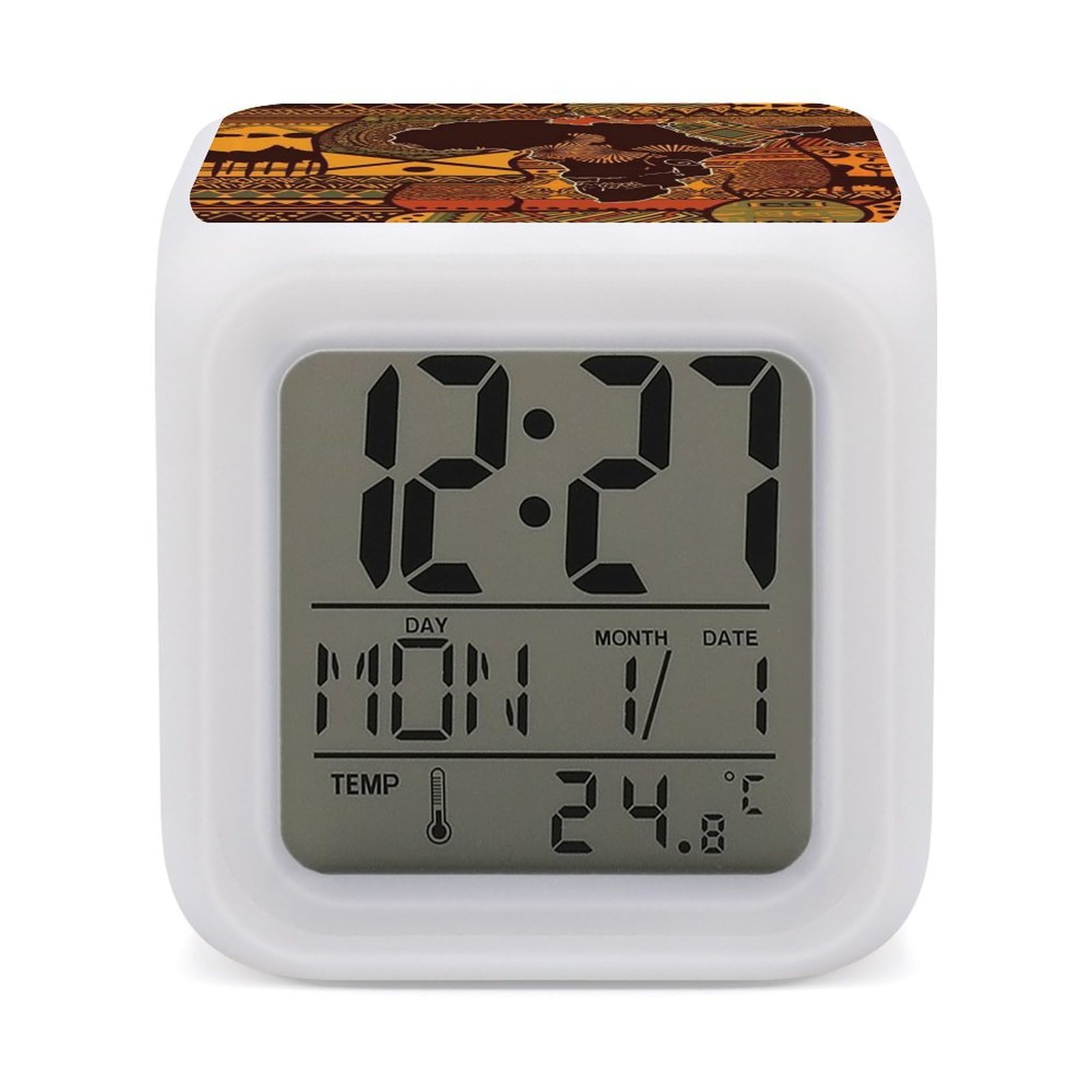 VstaDank African Map Ethnic Pattern Digital Alarm Clock LED Display Screen Color Change Alarms Clock Smart Alarm Clock Wake Up Digital Clocks with 7 Color Nightlight for Bedroom