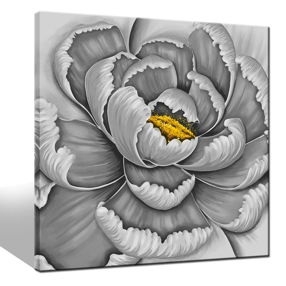 LevvArts - Flower Pictures Wall Art Simple Elegant Gray and Yellow Blossom Flower Paintings on Canvas Modern Home Living Room Decor Abstract Floral Artwork Framed Ready to Hang
