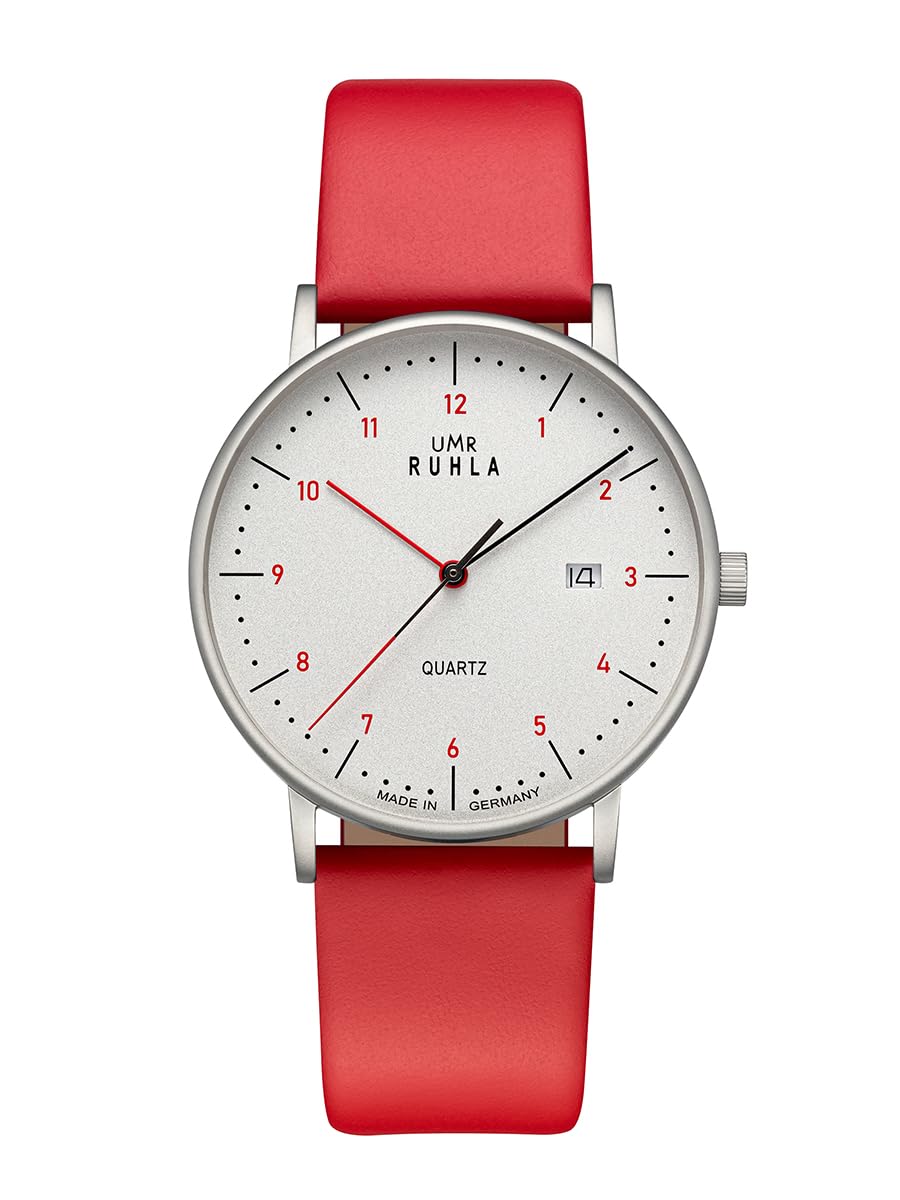 UMR RUHLA 30434 - Zeitlose Eleganz und erstklassige Verarbeitung- satinierte Edelstahlgehäuse – Quarzwerk - Ziffernblatt in Silber - rote Lederarmband – Made in Germany