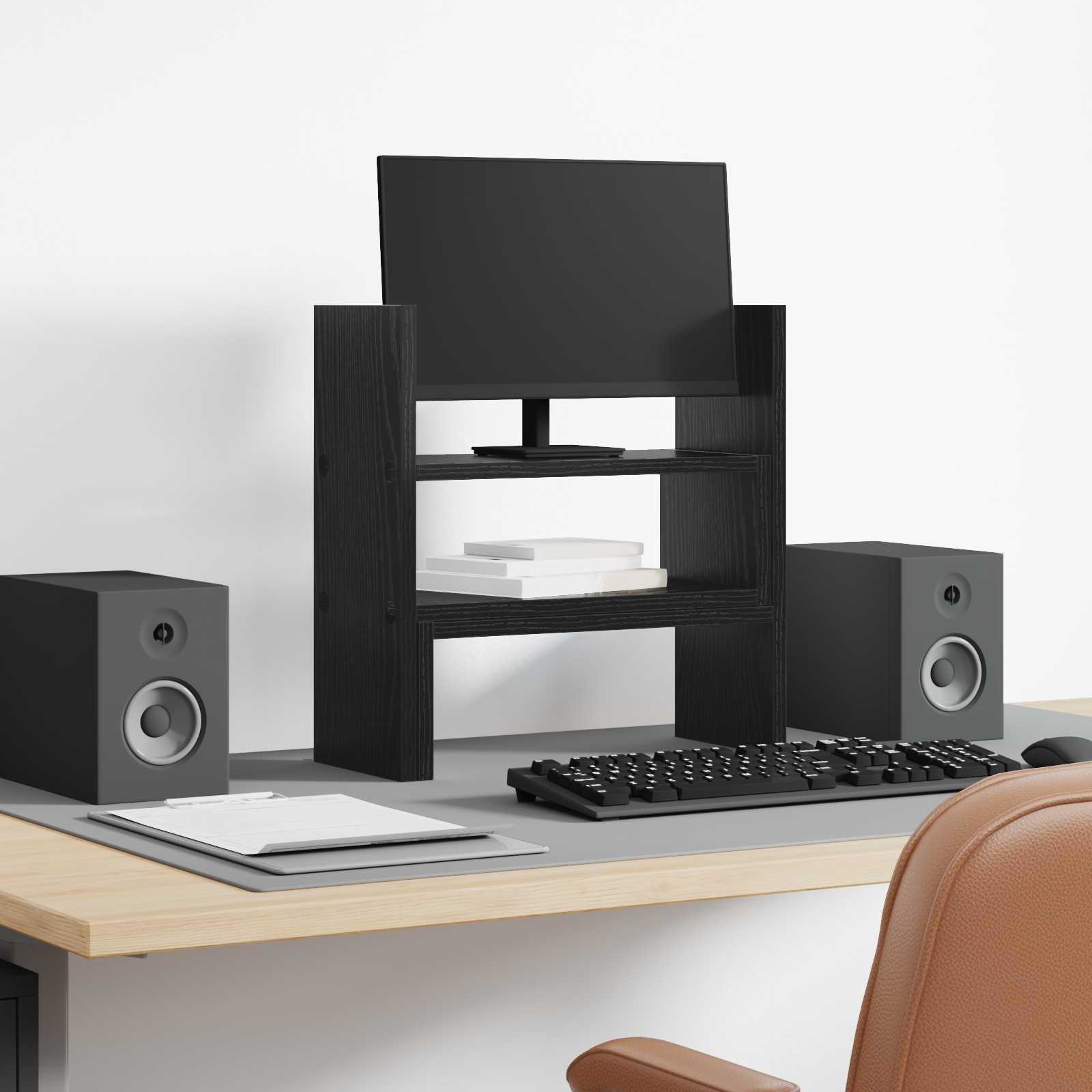 Soporte de escritorio para monitor de madera, aspecto de roble negro, 40 x 17 x 41 cm, con estante y soporte para PC y portátil, ergonómico, ahorra espacio, para oficina en casa, juegos