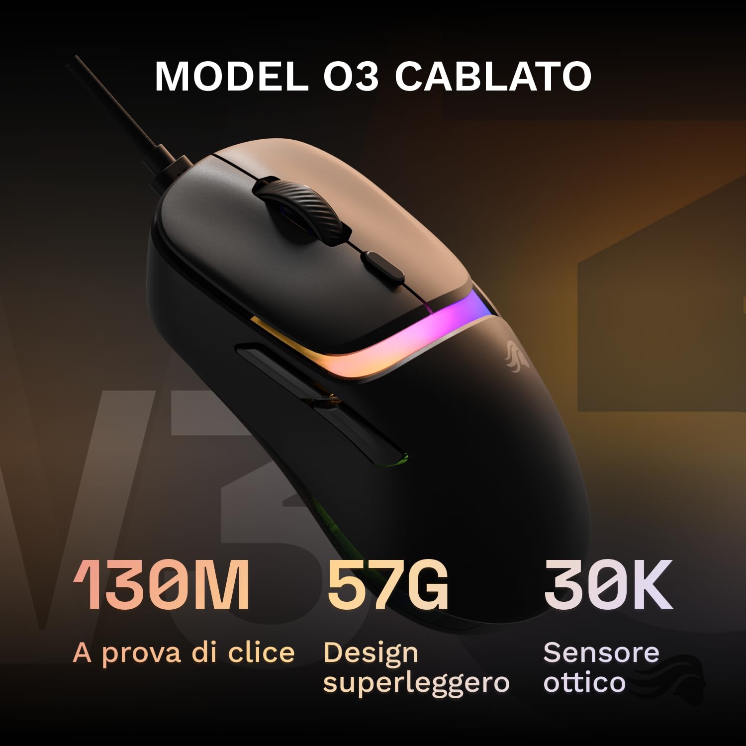GLORIOUS Gaming - Model D3 mouse da gaming cablato: ultraleggero (57 g), switch ottici da 130M di clic, sensore BAMF 3.0 30K DPI, tracciamento 750 IPS, accelerazione 50 G, per ogni impugnatura - Nero