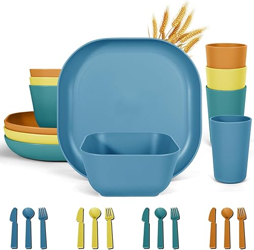 Miniatura 1 de afcevnlb Juego de vajilla cuadrada de paja de trigo de 24 piezas para 4, platos y cuencos irrompibles para acampar y fiestas (cuatro colores)