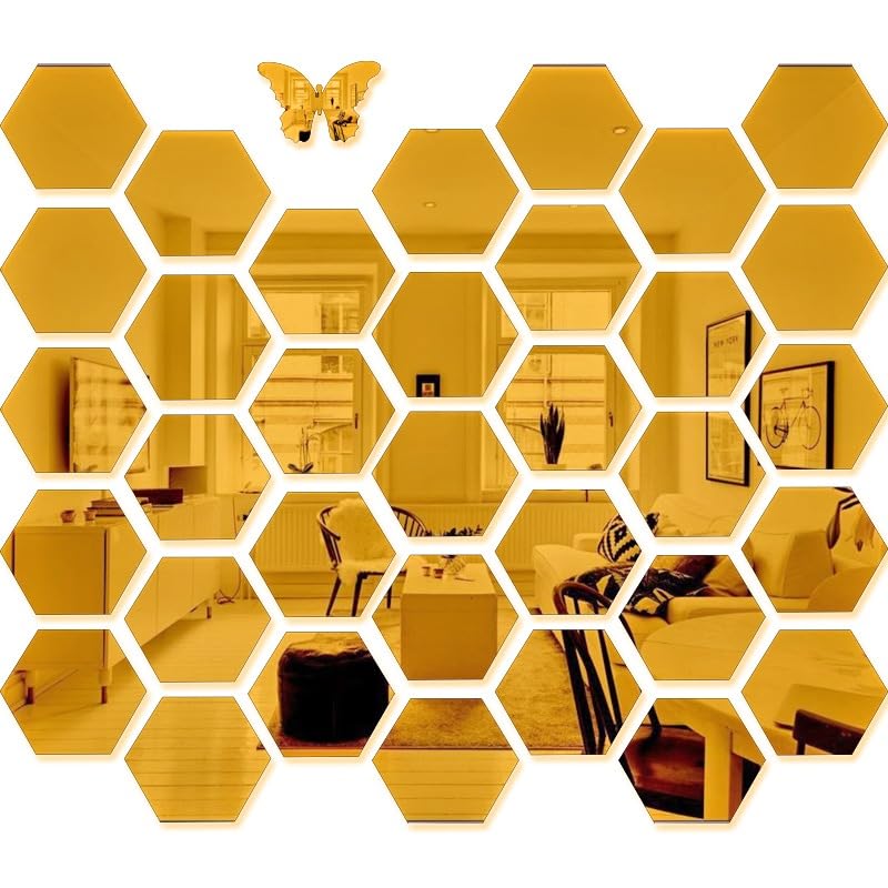 Bikri Kendra Glass Ind - 31 Hexagon Mirror Stickers with 20 Butterfly Golden Stickers for Wall, Mirror, Bedroom, Kitchen