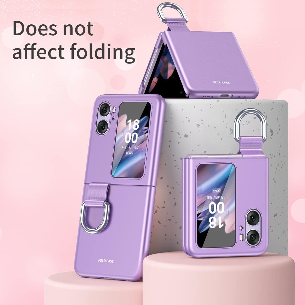 COQUE Case for Oppo Find N2 Flip,Slim Silk Band Lanyard Ring Phone Case with Ring Video Stand,Folding Phone Cover for Oppo Find N2 Flip-Black