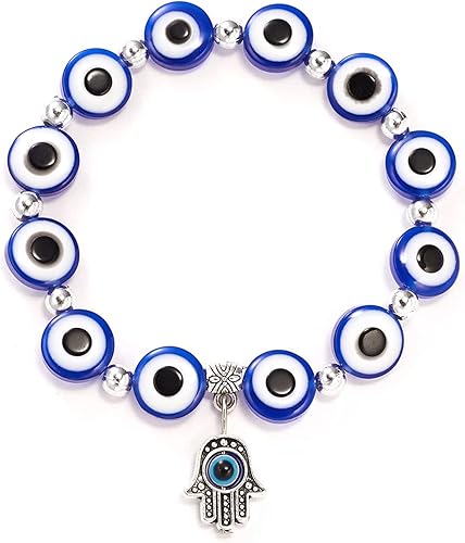 Miniatura 2 de Handmade Evil Eye Hamsa Blue Beaded Charm Stretch Bracelet Hand of Fatima Arabic Turkish Sephardic Mizrahi Style Lucky Evil Eye Bracelet for