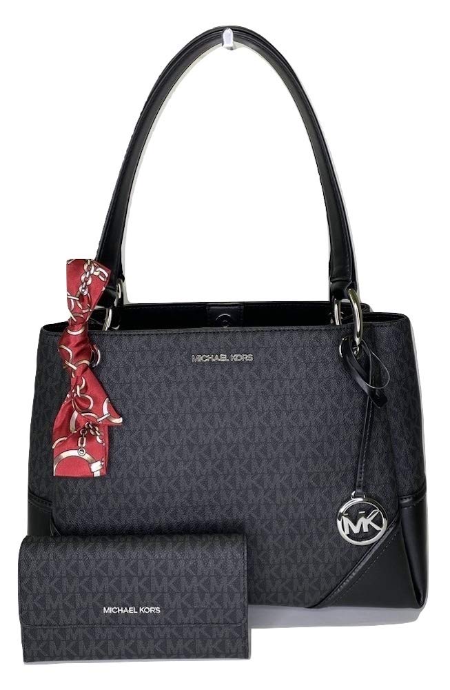 MICHAEL Michael Kors Nicole Large Shoulder Tote bundled with Travel Large  Trifold Wallet Skinny Scarf (Signature MK Black)