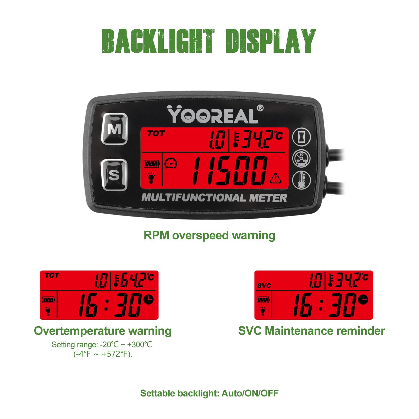 Yooreal Compteur horaire Tachymètre Jauge de température du moteur,Alerte TEMP,Arrêt de l’utilisateur,Sonde de température amovible pour scooter Motoneige Mini vélo Moto Tondeuse à gazon Générateur
