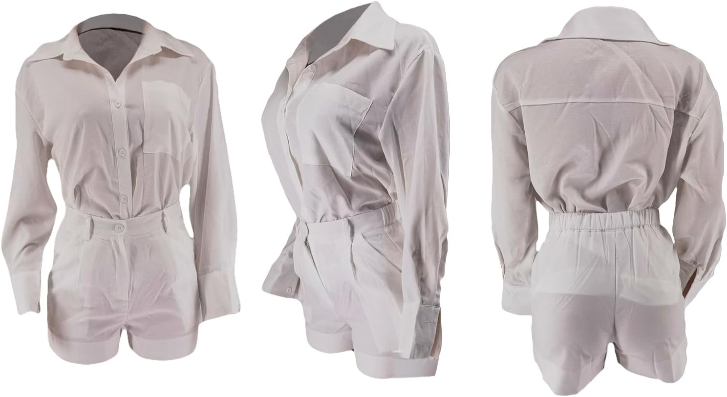 Geulis Women's 2 Piece Shirts Outfits Casual Button down Long Sleeve Blouses Tops High Waisted Shorts Sets with Pockets - Image 5