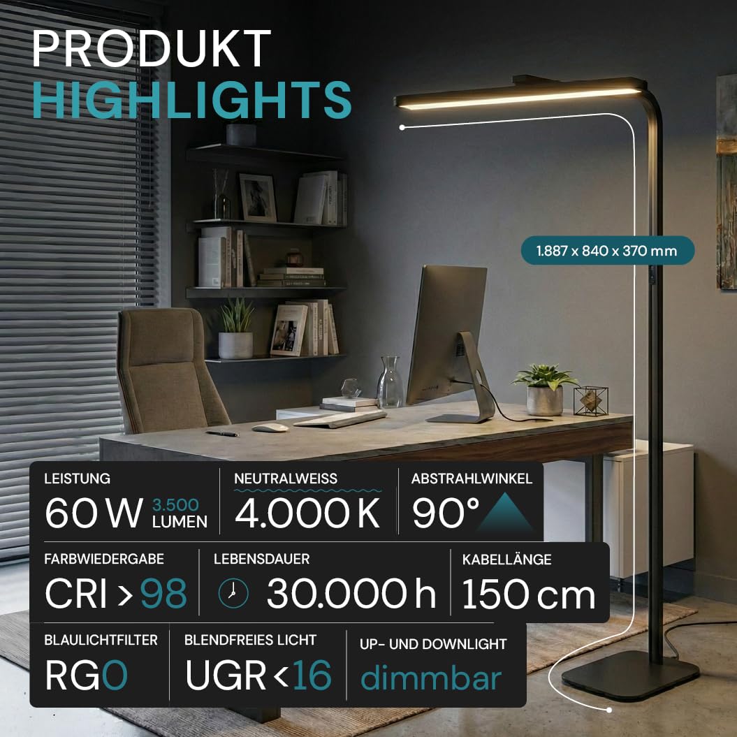 LUXULA LED Büro-Stehleuchte dimmbar, 60 W 3500 lm, 4000K Neutralweiß, Up/Downlight, UGR<16, CRI98, Touchbedienung, blendfreies Licht, Monitor, Büro, Arbeitszimmer, Homeoffice, modernes Design, Schwarz