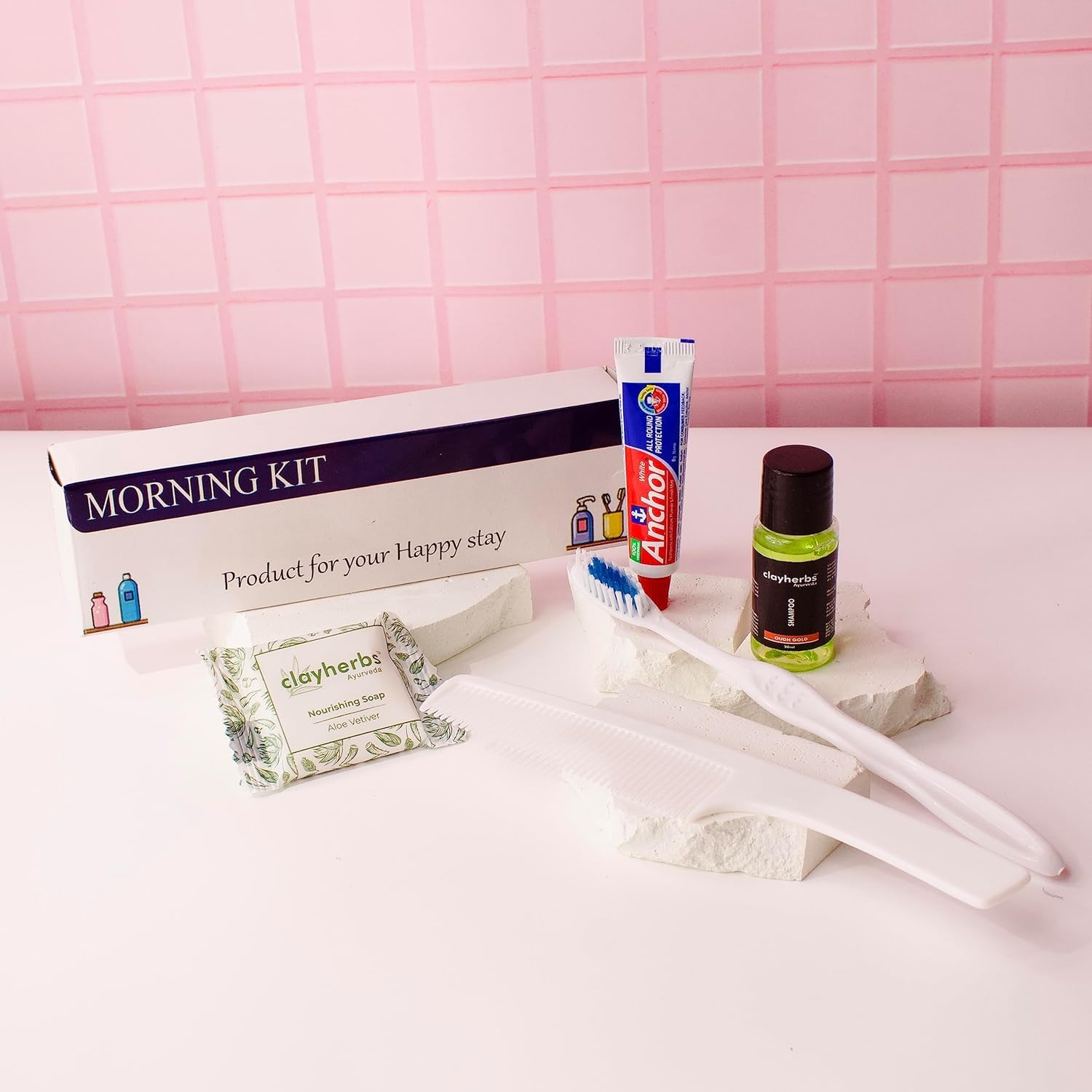 Pack Of (25) Morning Kit In Card Box | Hotel Accessories | Hotel Guest House Toiletries Kit | 20 Ml Shampoo, 15g Soap, Comb, 8g Toothpaste & A Brush