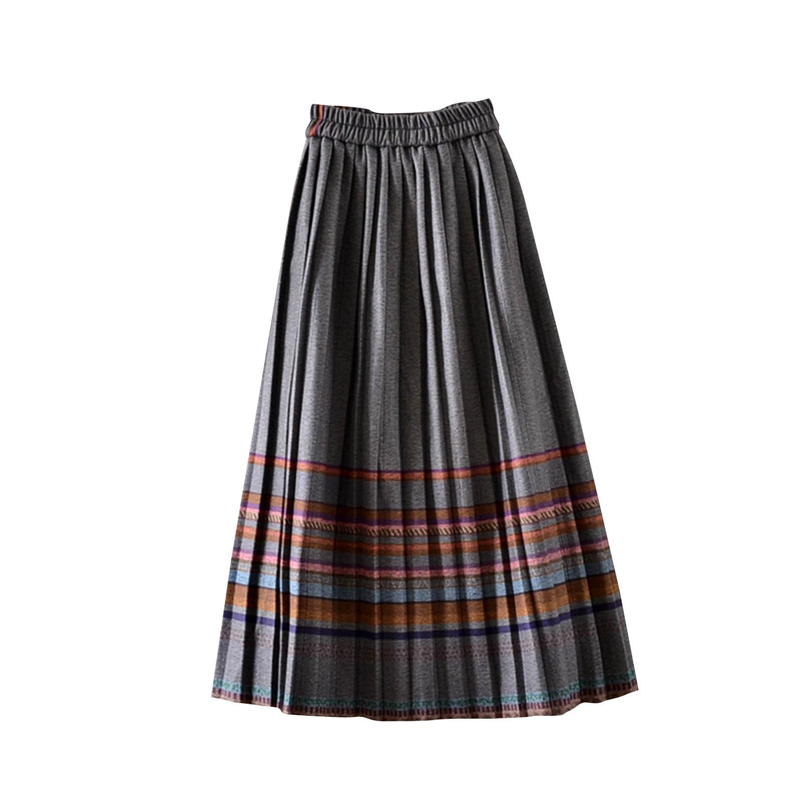 Long Plaid Skirts for Women Fall Winter Wool Blended High Waisted Pleated Below Knee Skirts Preppy Tartan A-Line