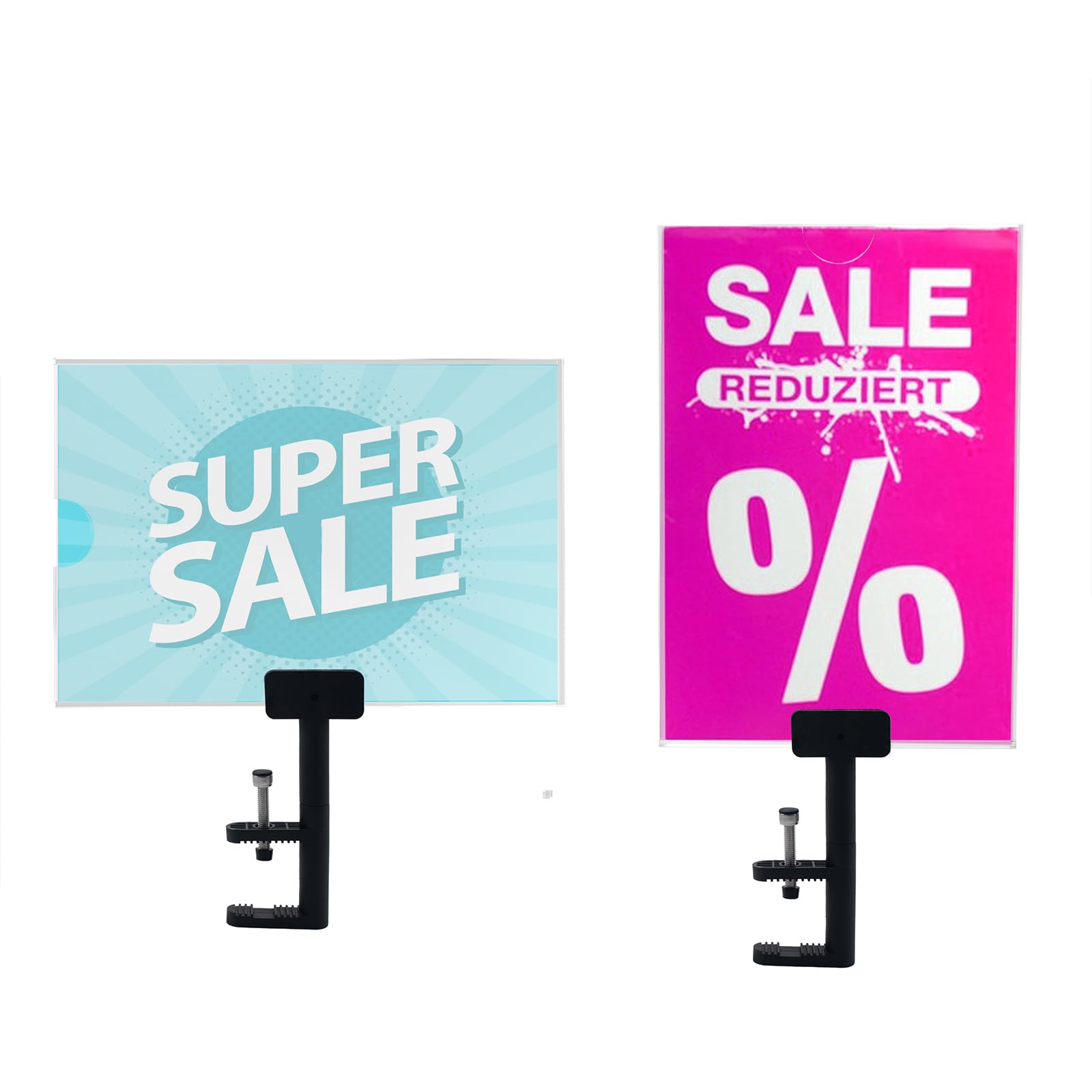 2 Set Schilderhalter-Clip mit 21,0 x 29,7 cm Acrylrahmen, drehbare Doppel Display Klemme für Kleiderstangen, Röhren, Wiederverwendbare Schilder, Preisschilder für den Einzelhandel mit Bekleidungsges