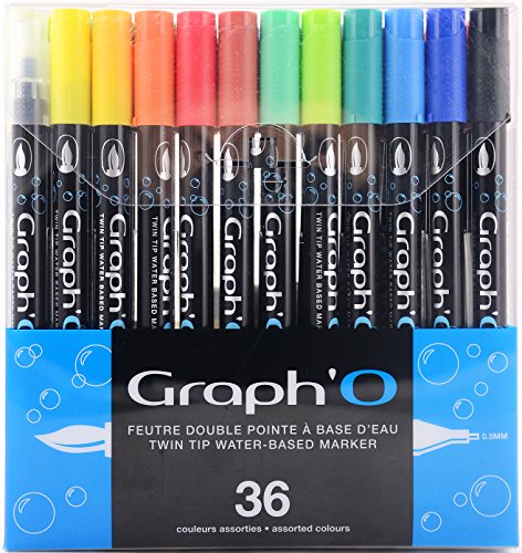 Graphit Graph'O - Set Di 36 Penne A Doppia Punta Per Disegno, Illustrazione E Acquerello, Punta Extra Fine Da 0,5 Mm E Punta Morbida
