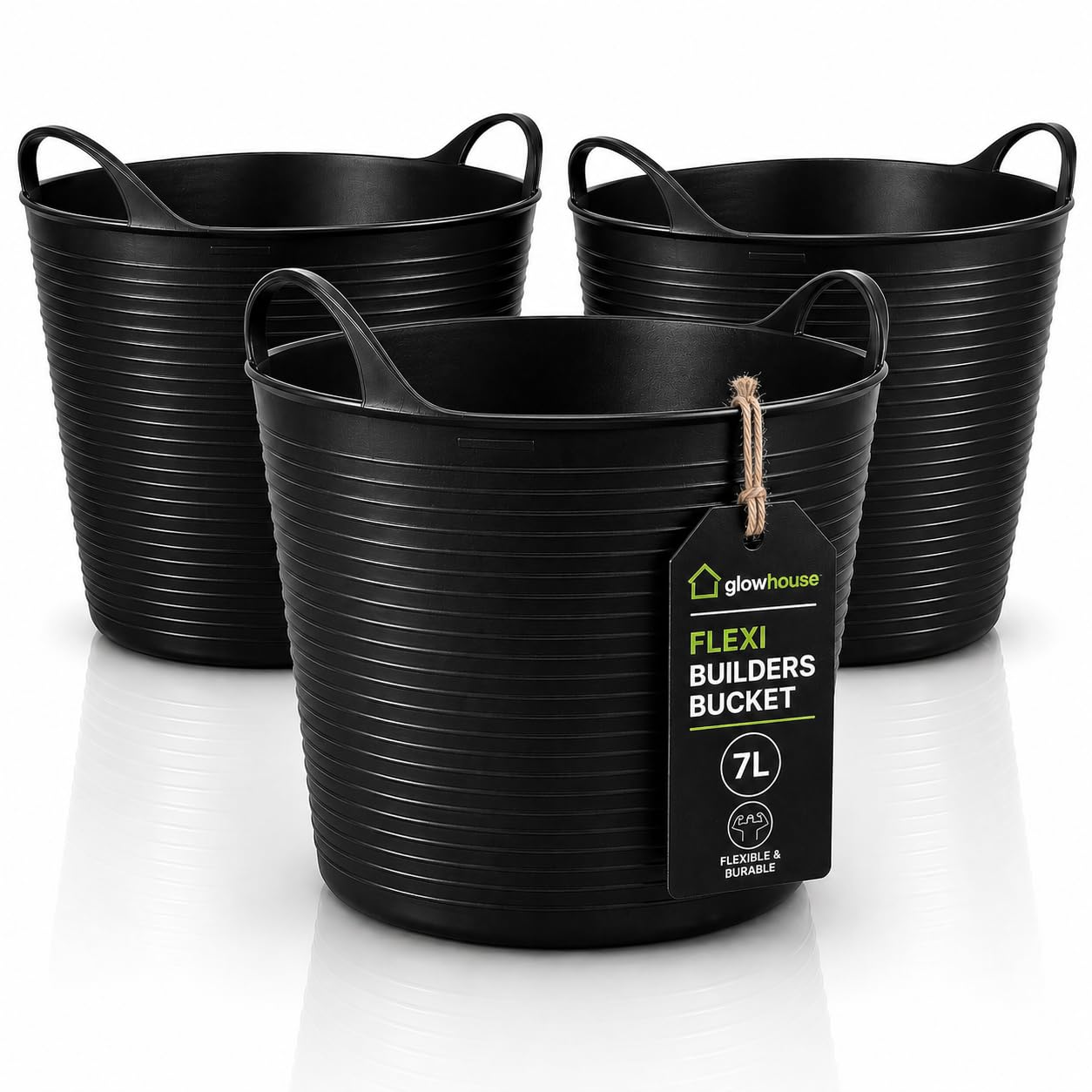 Flexi Buckets Heavy Duty Flexible Tub Trug Strong Multi-Purpose Garden, Stable, Feed, Cleaning & Storage Bucket Durable Carry Handles for Home, Garden, DIY & Outdoor Use (Black, 7 Litres Pack of 3)