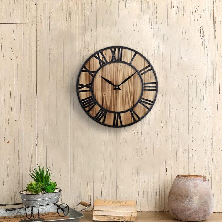 16-Inch Rustic Vintage Metal & Wood Silent Non-Ticking Decorative Wall Clock with Large Roman Numerals