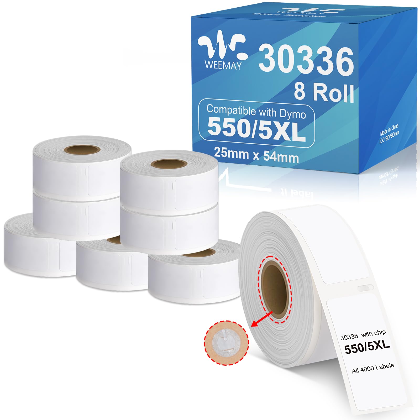 Weemay 8-Roll 30336 FNSKU Barcode Labels, Compatible for DYMO LabelWriter 5XL, 550, 550 Turbo, 4XL, 450, Wireless, 450 Duo, 1" x 2-1/8", 25mm x 54mm