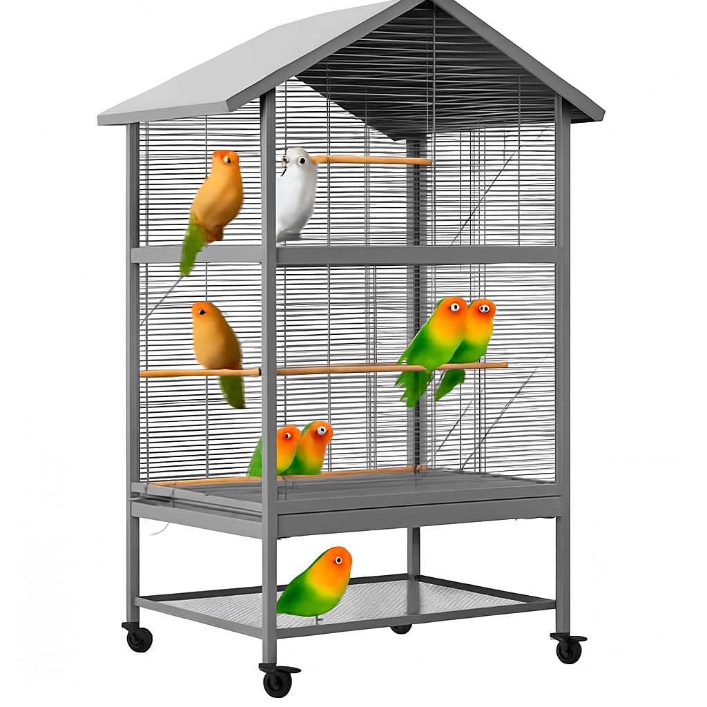 Large Bird Cage,65.7 Inch Metal Bird Cage Feeder with Wheels,Flight Cage with 4 Metal Feeders,Wood Perches & Storage Shelf