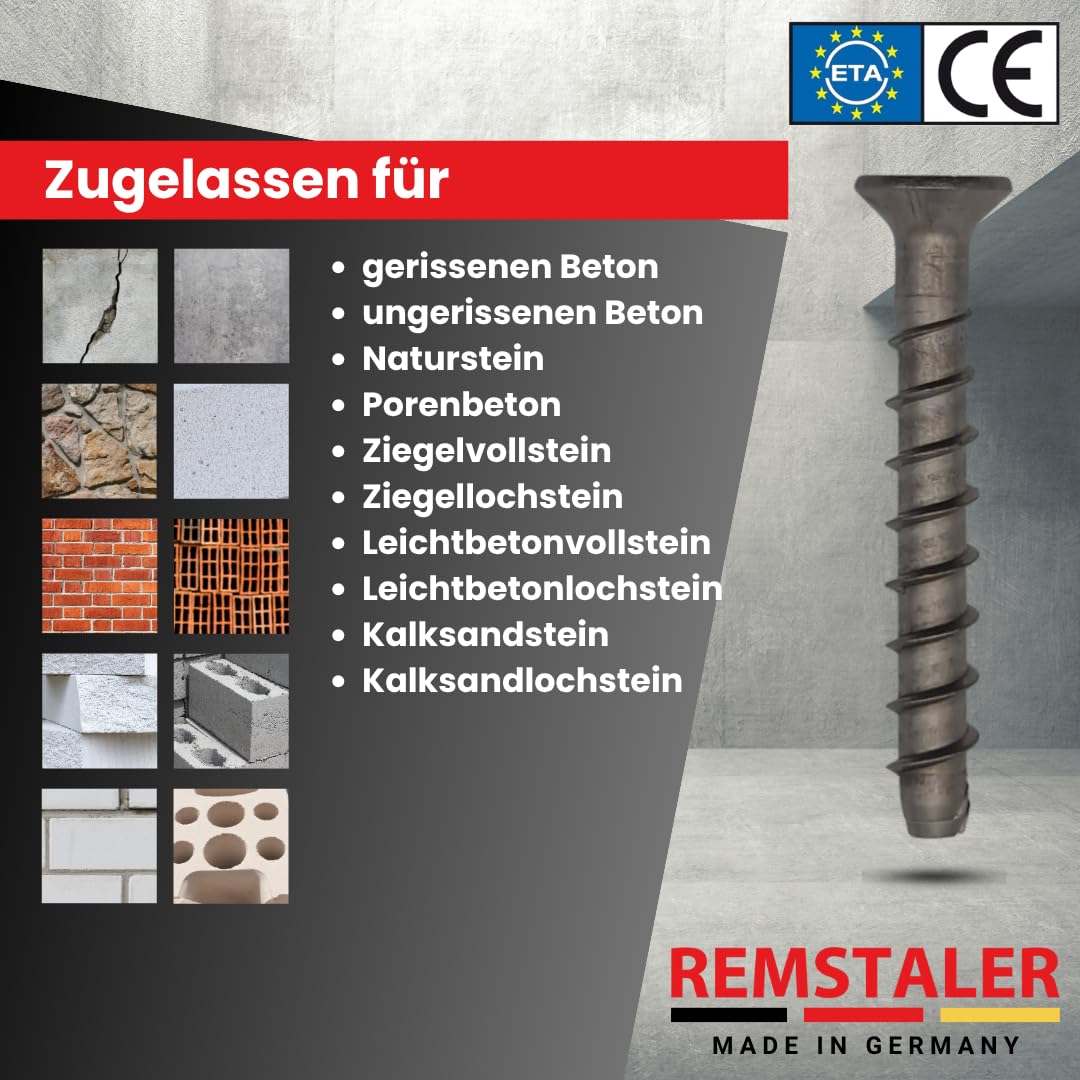25x Remstaler BETONSCHRAUBE Senkkopf mit Torx-Antrieb | EDELSTAHL A4 | Ø6 - Ø10 | ETA Zulassung | made in GERMANY | Betonschrauben (6x85)
