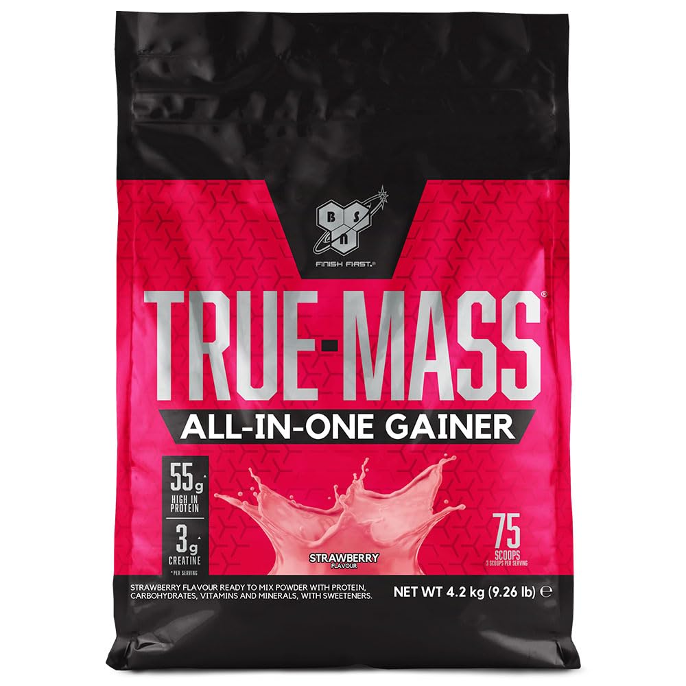 BSN True Mass All-In-One Gainer Protein and Carbohydrate Powder with Creatine, Glutamine, Vitamin D and Zinc, Muscle Gain and Recovery Workout Powder, Strawberry Flavour, 25 Servings, 4.2 kg