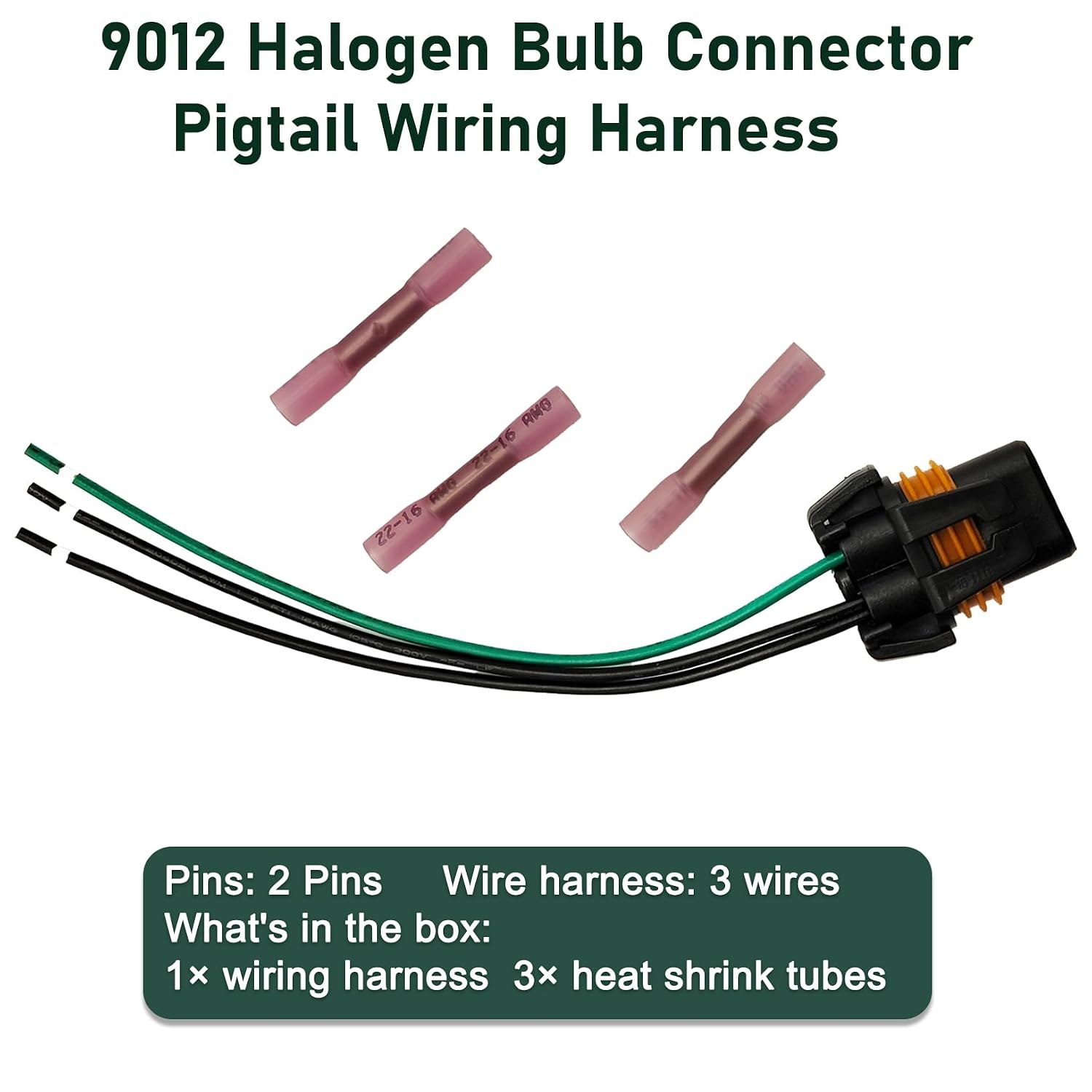 3-Wire 9012 Halogen Bulb Connector Pigtail Wiring Harness, Compatible with Fiat 500 2012-2017 16GA 16AWG with 3 Heat Shrink Tubes