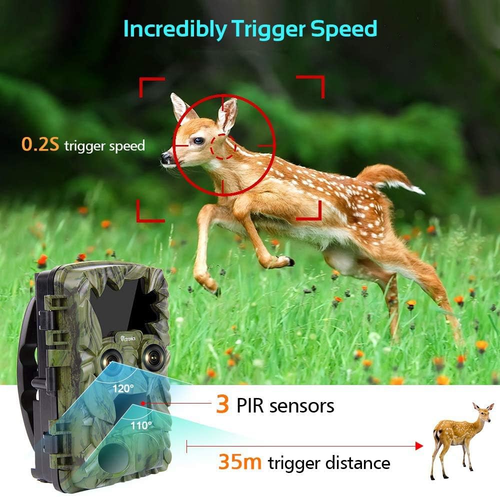 Trail Camera Dual-Lens with Starlight Night Vision 4K 20MP Wildlife Game Camera with 0.2s Motion Activated IP66 Waterproof Hunting Scouting Cam with Portable Solar Panel and Micro SD Card,256G