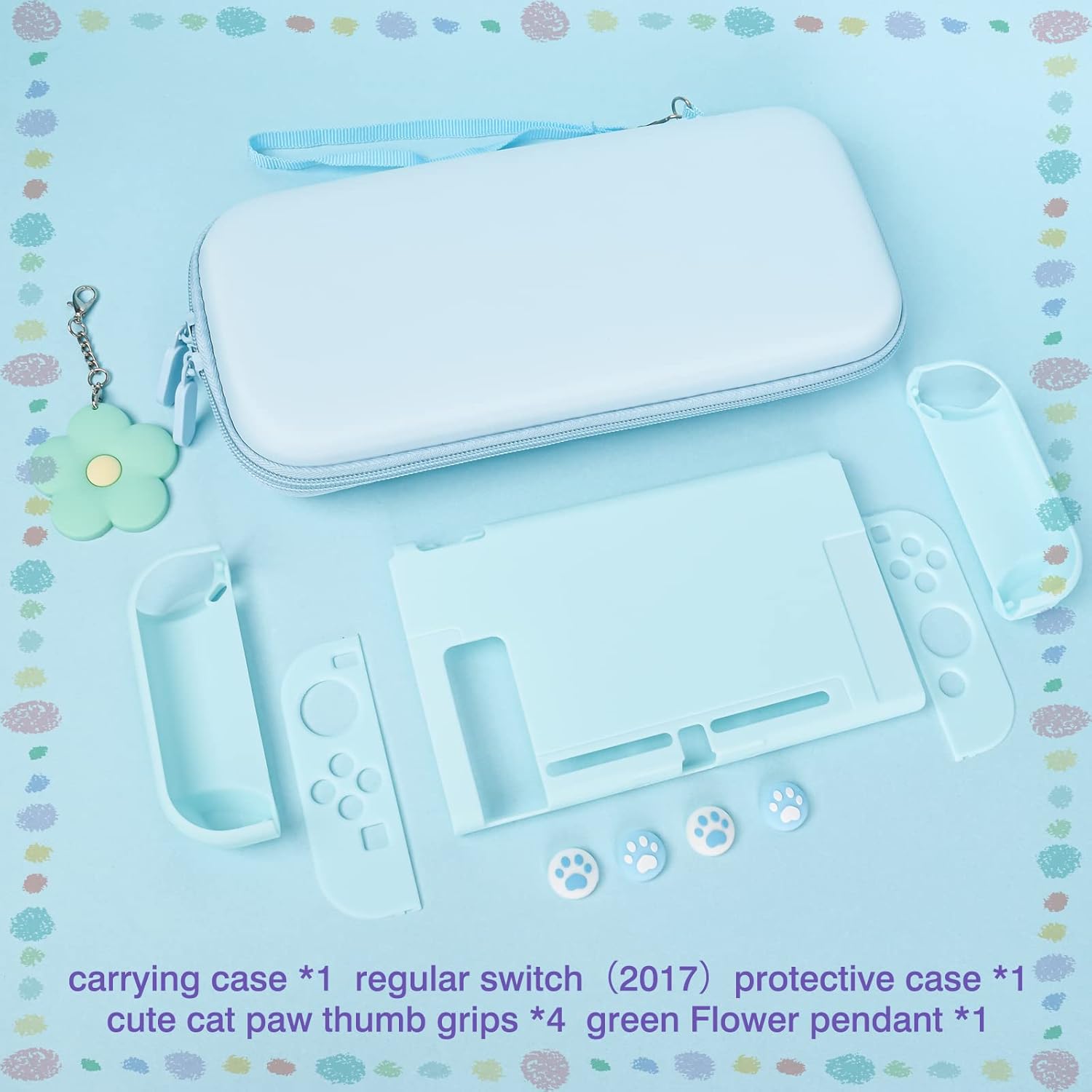 DLseego Blue Switch Case Set Carrying Case with 10 Slots Babyblue Protective Dockable Hard Shell with 4PCS Cute Cat Paw Thumb Grips Caps and 1PC Green Flower Blossom Chain for Switch 2017 Version