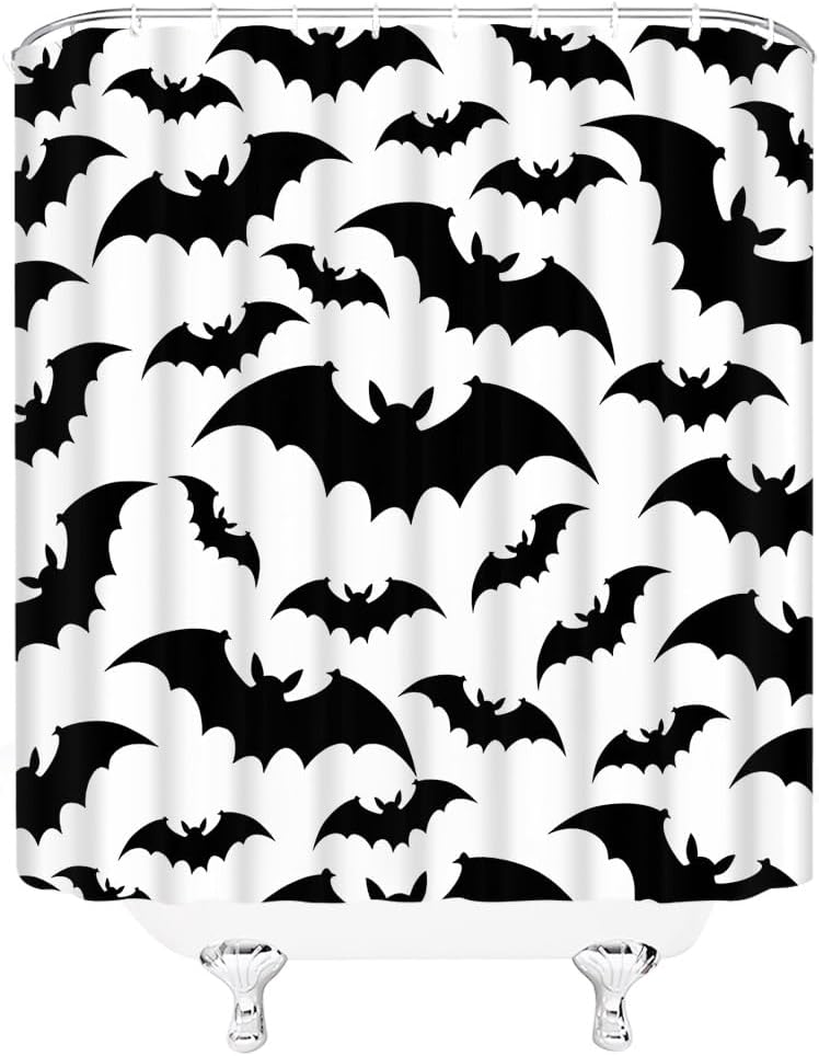 Halloween Spooky Bat Shower Curtain Horror Black Flying Bats on White Scary Cartoon Fabric Bathroom Decor Curtains with Hooks,82 x 70