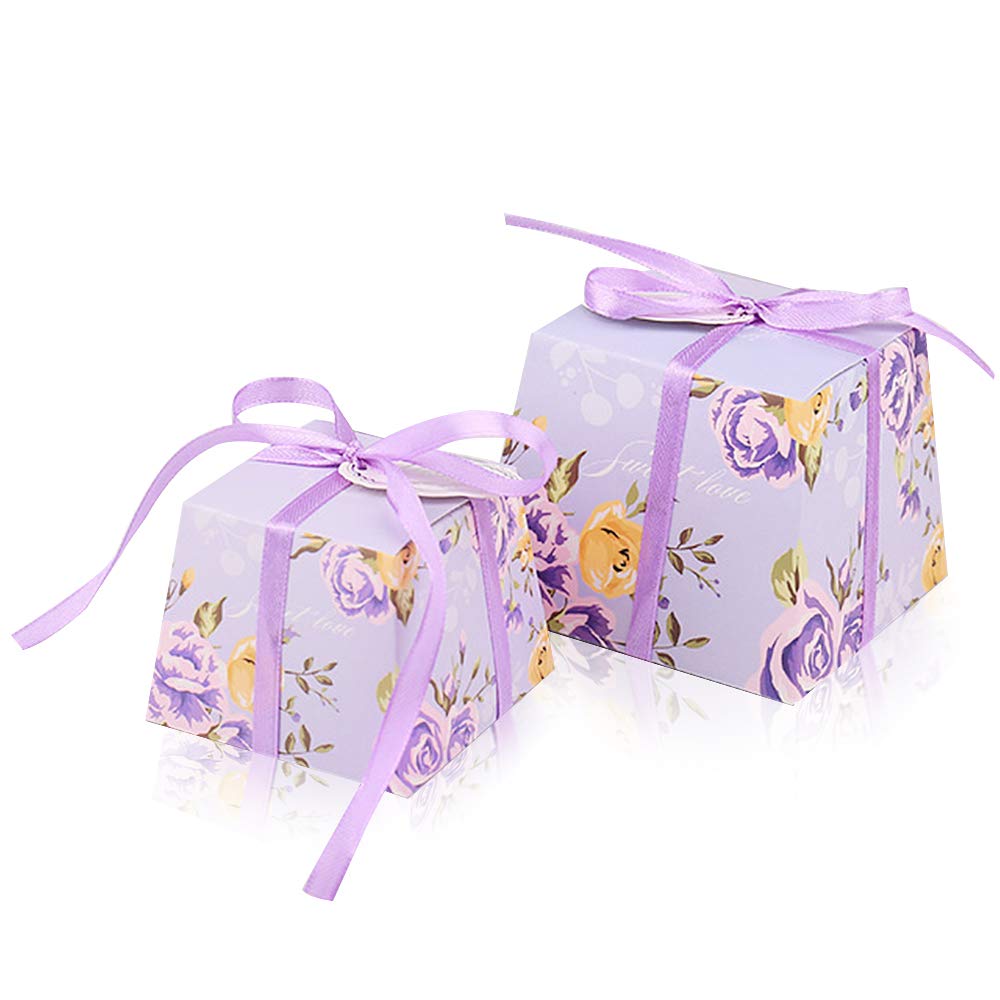 YFZYT Bomboniere Scatoline Carta Candy Scatole Regalo Piccole Carte e Nastro per Il Battesimo Matrimonio Confetti per Natale, Compleanni, Feste, Matrimoni - 100 Pezzi(9.2 * 9.2 * 7cm), Viola#2