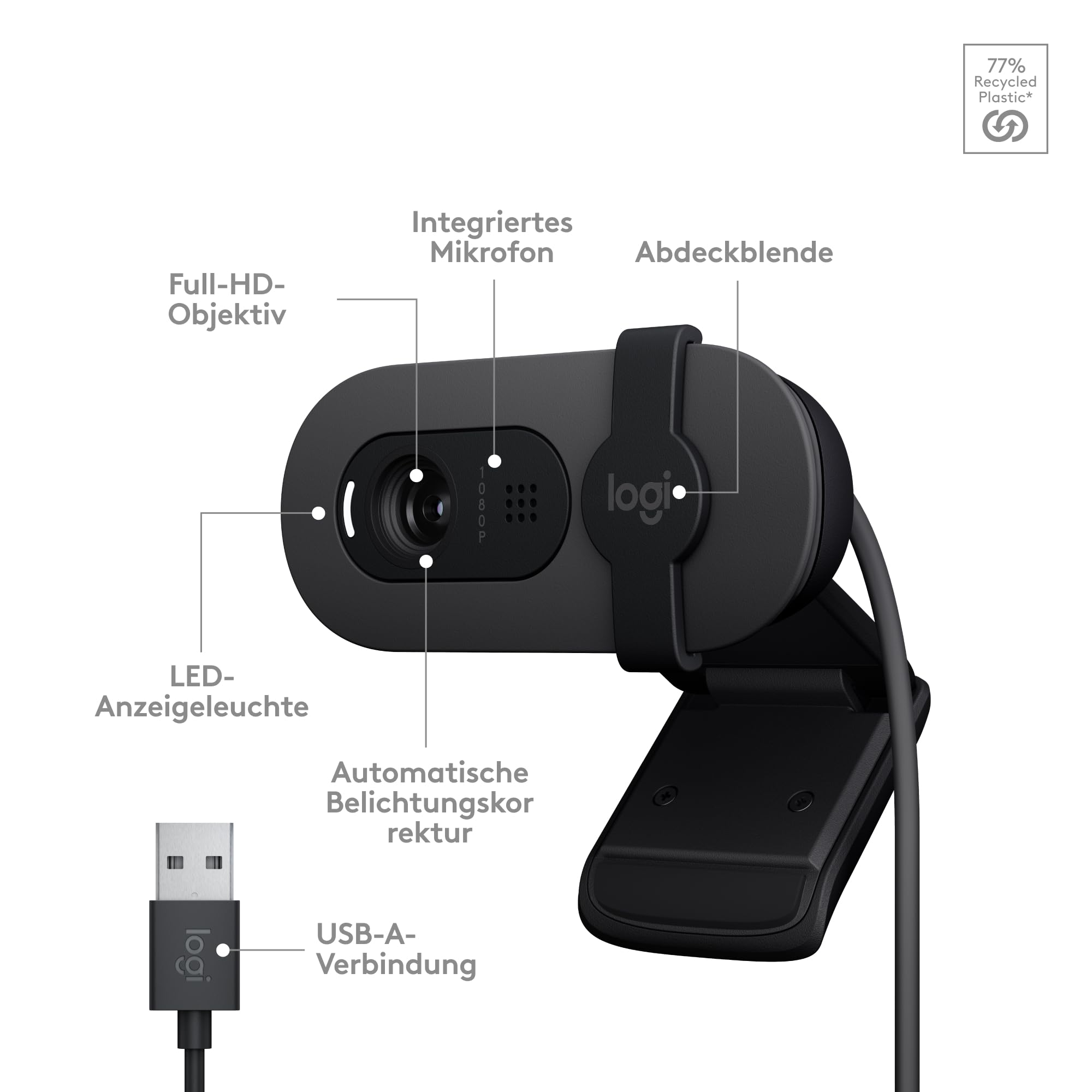 Logitech Brio 100 Full HD-Webcam, Auto-Lichtausgleich, integriertes Mikrofon, USB-A, Graphit