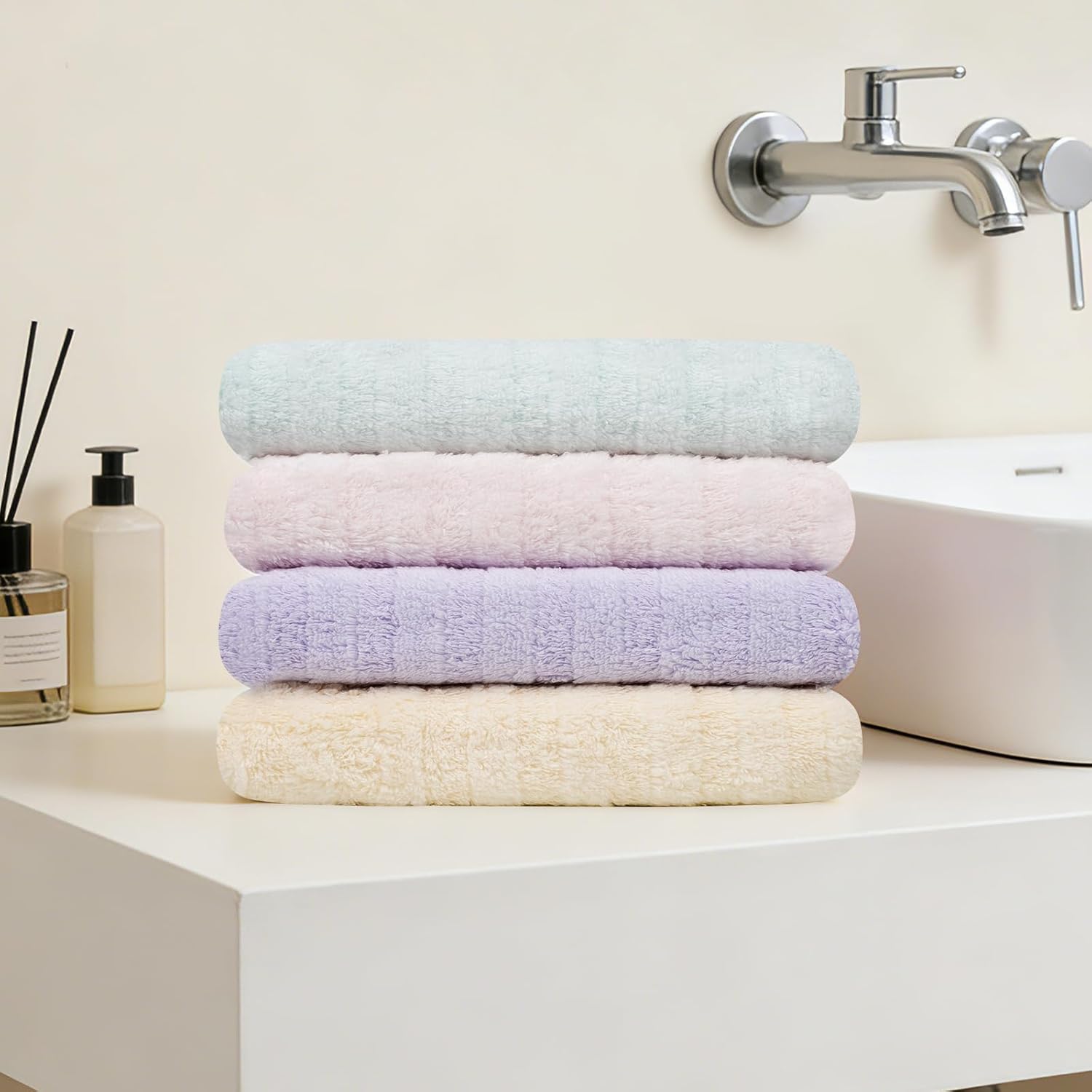 Vie Triomphe Hand Towels 4 Pack, 13x31 Inch Compact Zero Twist Cotton, Slim Lightweight Super Soft Absorbent Hand Towel Set for Small Bathroom Gym Travel, Blue Green Pink Purple Space Saving