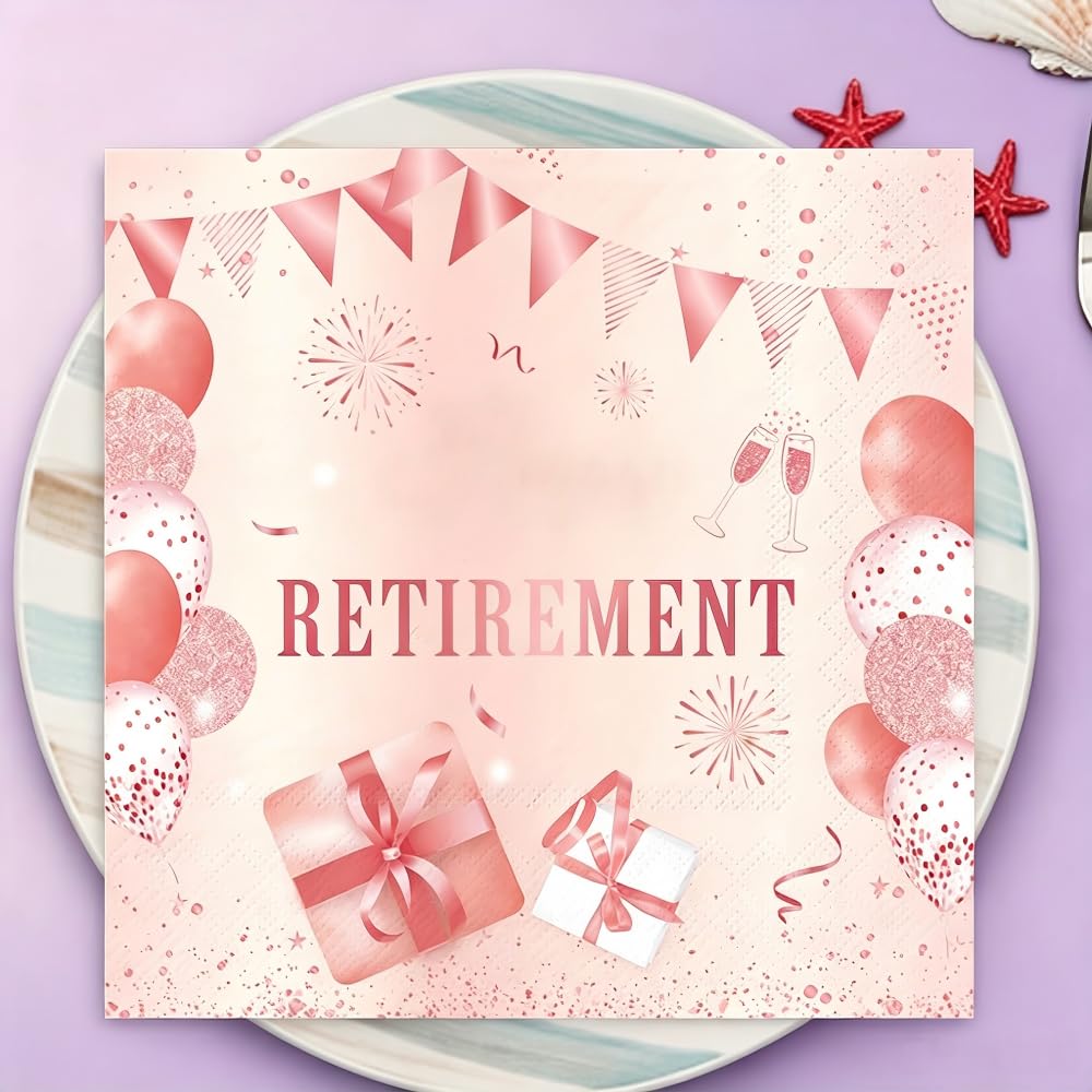 40Pcs Pink Retirement Party Napkins, Happy Retirement Napkins Servietten Paper Tablerware Decorations for Men Women