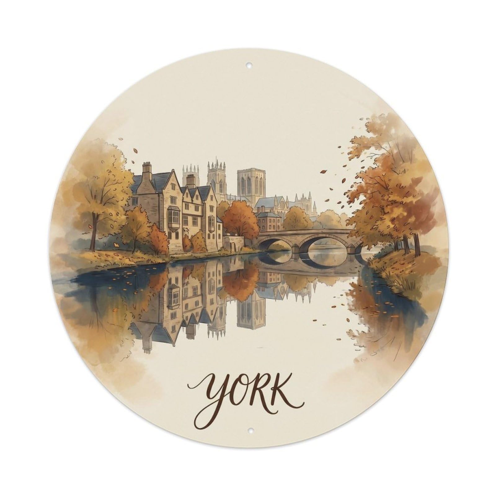 York Autumn River Ouse Travel Cityscape Vintage Historic Metal Tin Sign Plaque Wall Decor for Cafe, Man Cave, Club Bar, Office, Home Garden Round Metal Poster 8x8Inch